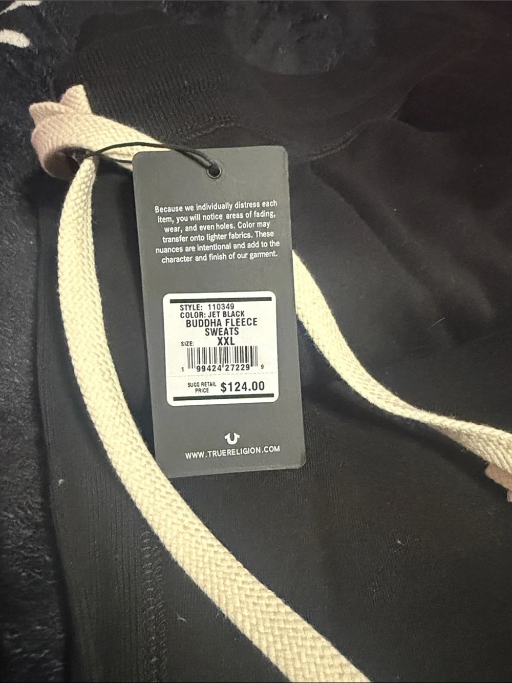 True Religion Men’s Black Crewneck Sweatshirt with Cream Drawcords